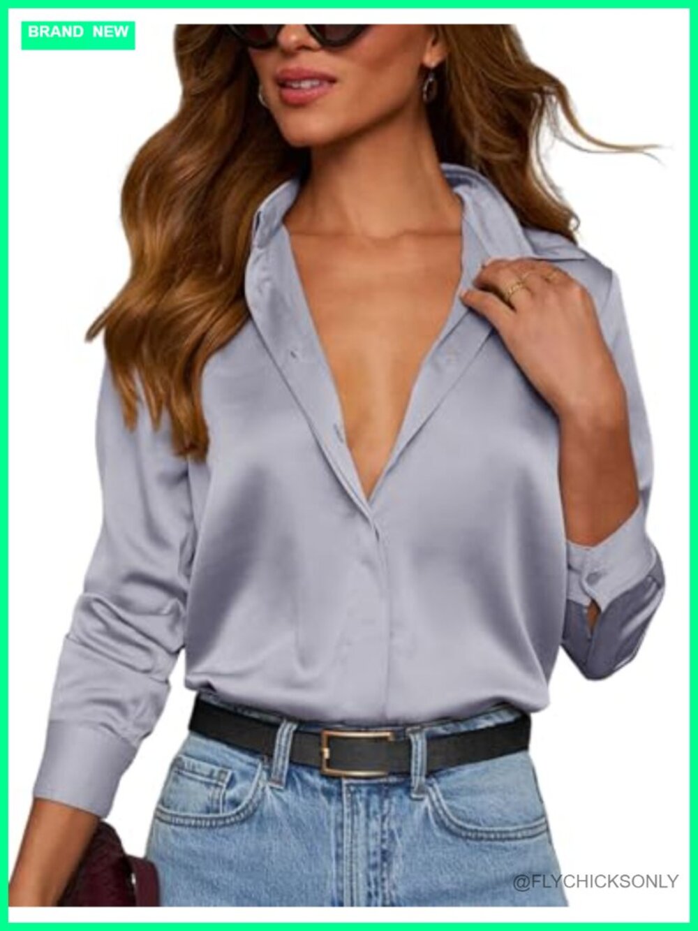 Satin Button Down Blouse V-Neck Long Sleeve Women's Top